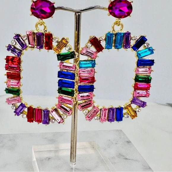 Glam Rhinestone Statement Earrings Colorful Baguette Dangle Rainbow Brig… - Picture 10 of 10